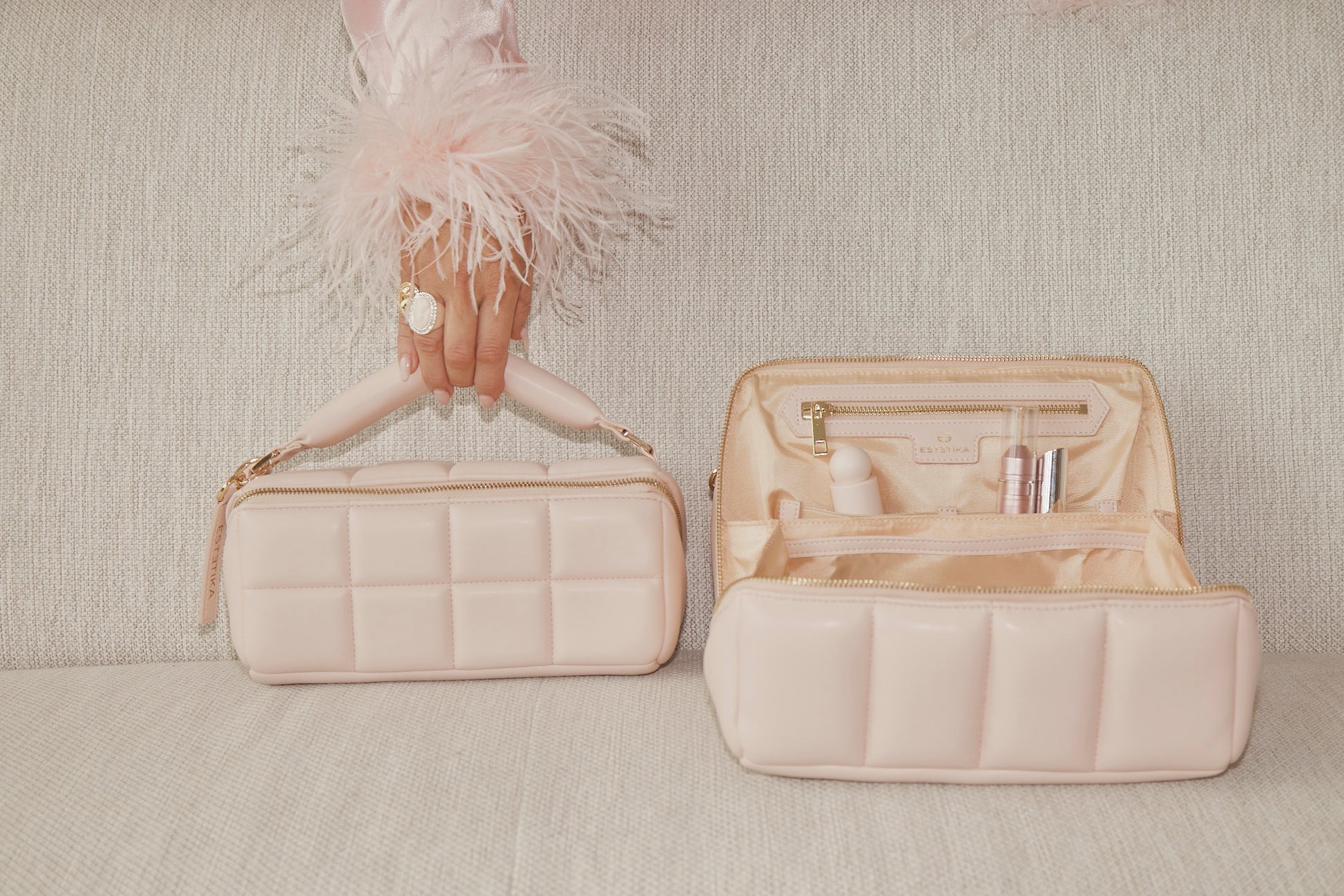 Blush Pink Quilted Large Makeup Bag. Luxury Vegan Beauty Case, The BIGEE