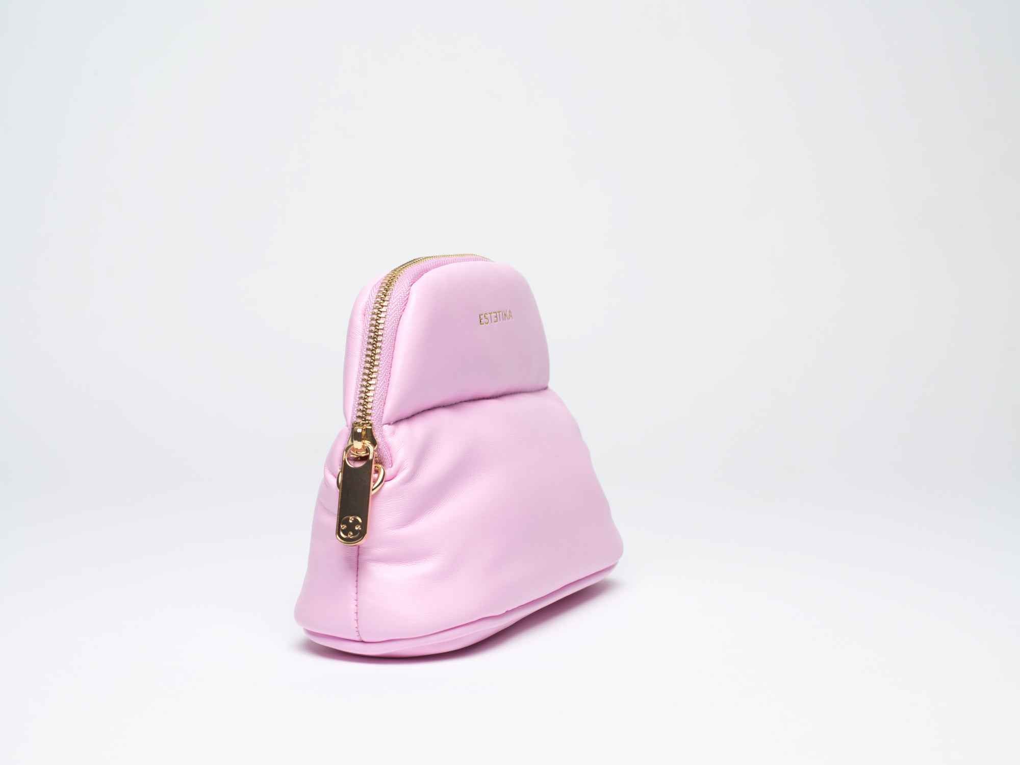 Pink Minee Cosmetic Pouch Small - Luxury vegan leather flat-lay makeup bag by Estetika. Designed in Australia for premium travel and organization.