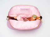 Pink Minee Cosmetic Pouch Small - Luxury vegan leather flat-lay makeup bag by Estetika. Designed in Australia for premium travel and organization.