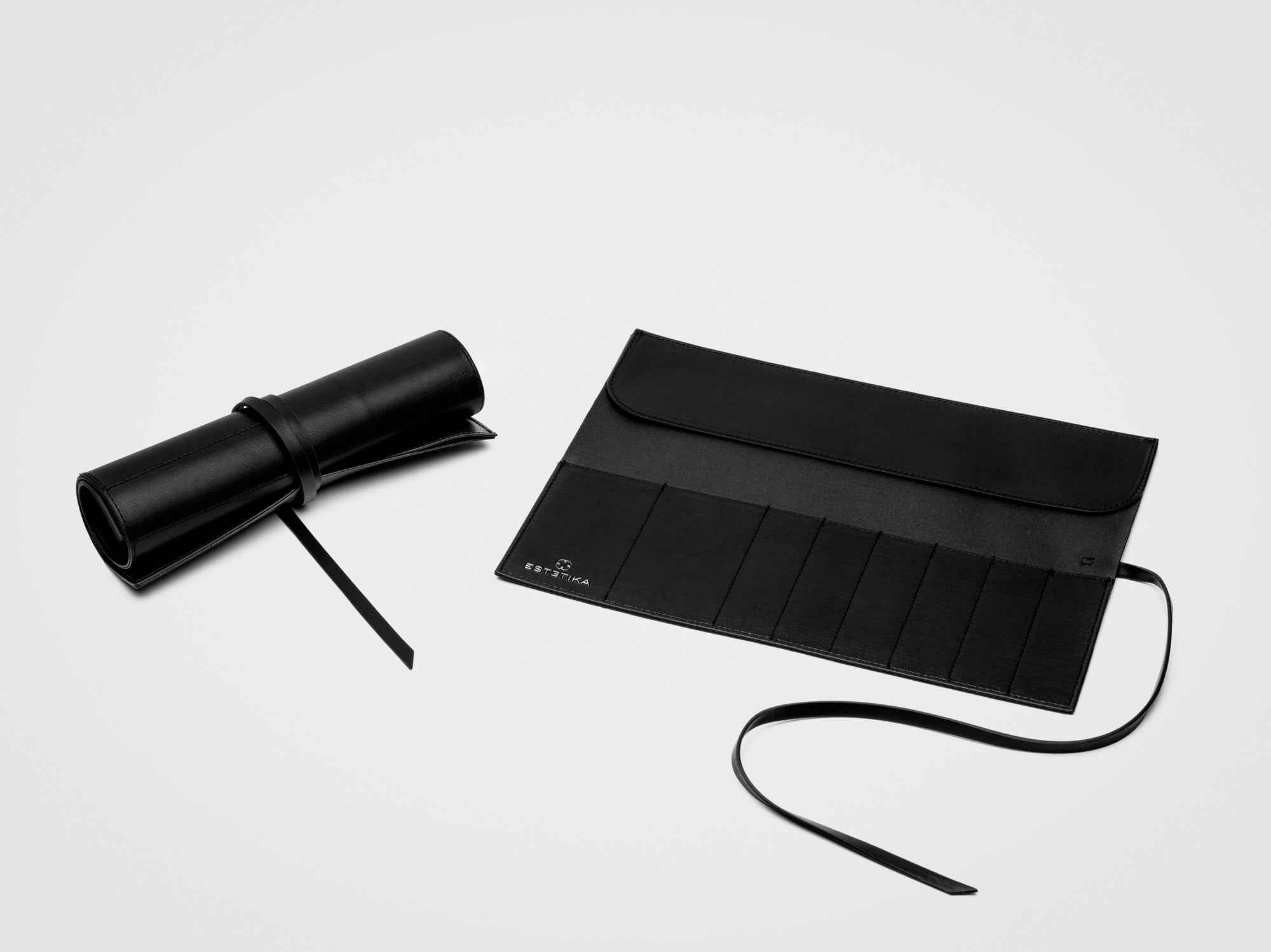 Black Makeup Brush Holder - Stylish Organiser for Brushes and Tools - Luxury vegan leather organizer for beauty tools by Estetika. Designed in Austral