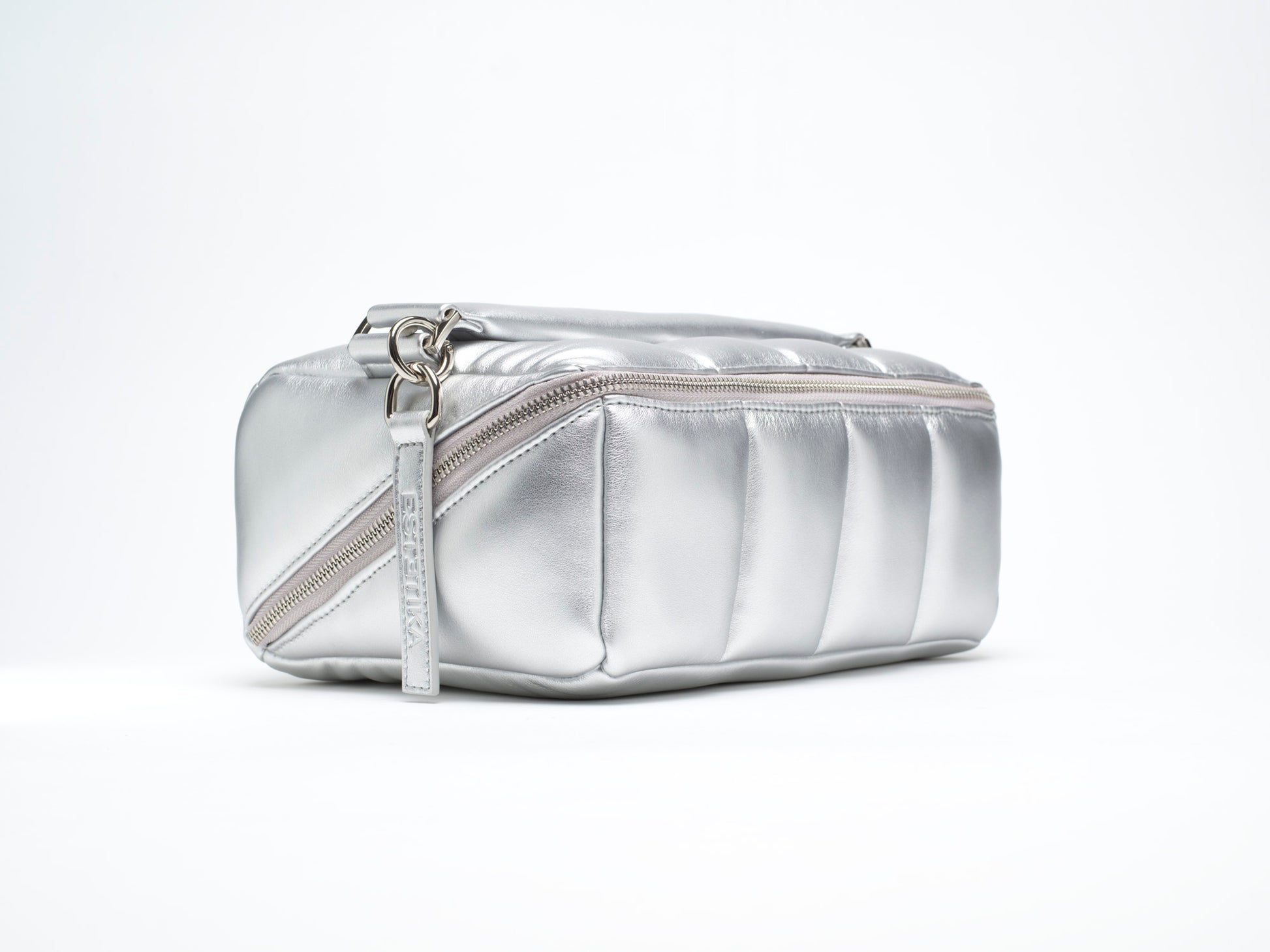 Silver Quilted Large Makeup Bag. Luxury Vegan Beauty Case, The BIGEE