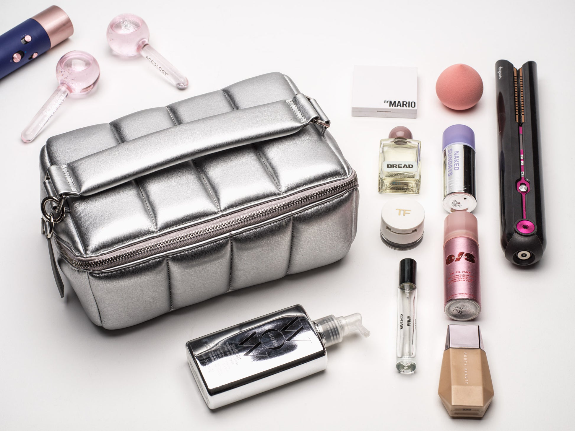 Silver Quilted Large Makeup Bag. Luxury Vegan Beauty Case, The BIGEE