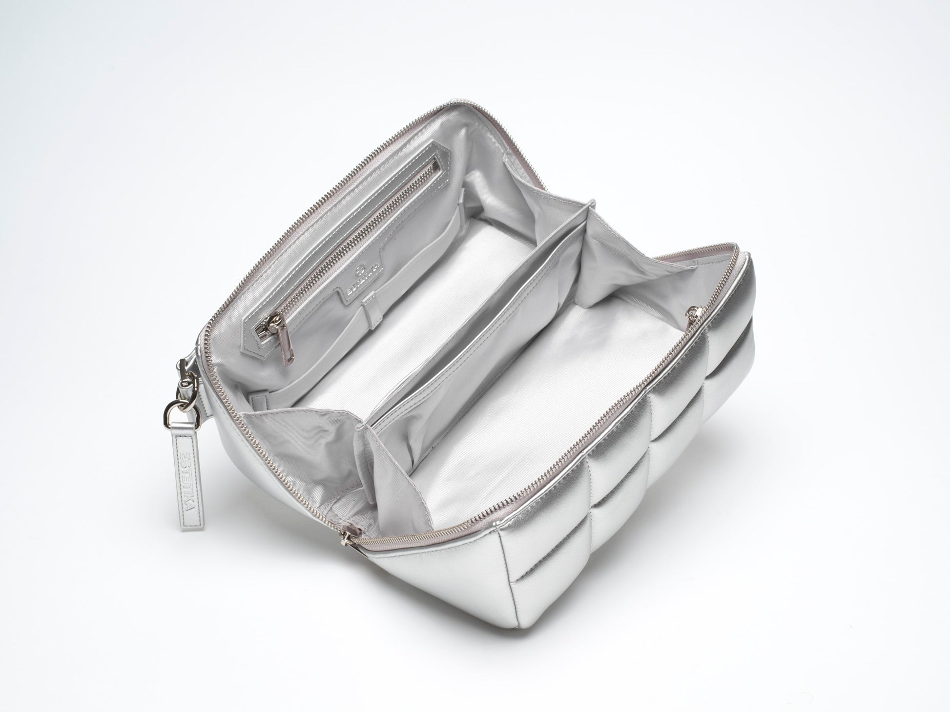 Silver Quilted Makeup Bag. Luxury Vegan Cosmetic Case, The HOMEE