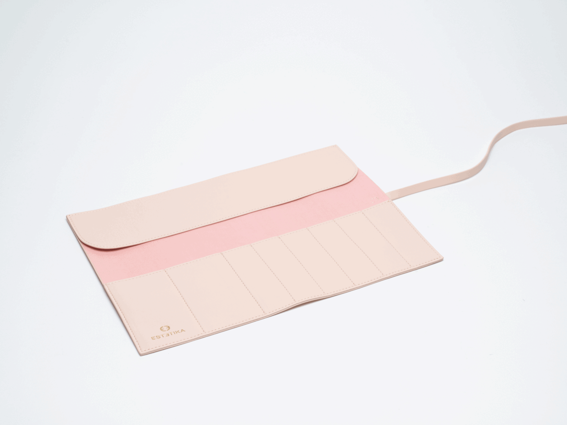 Blush Makeup Brush Roll Holder - Luxury vegan leather organizer for beauty tools by Estetika. Designed in Australia for premium travel and organizatio