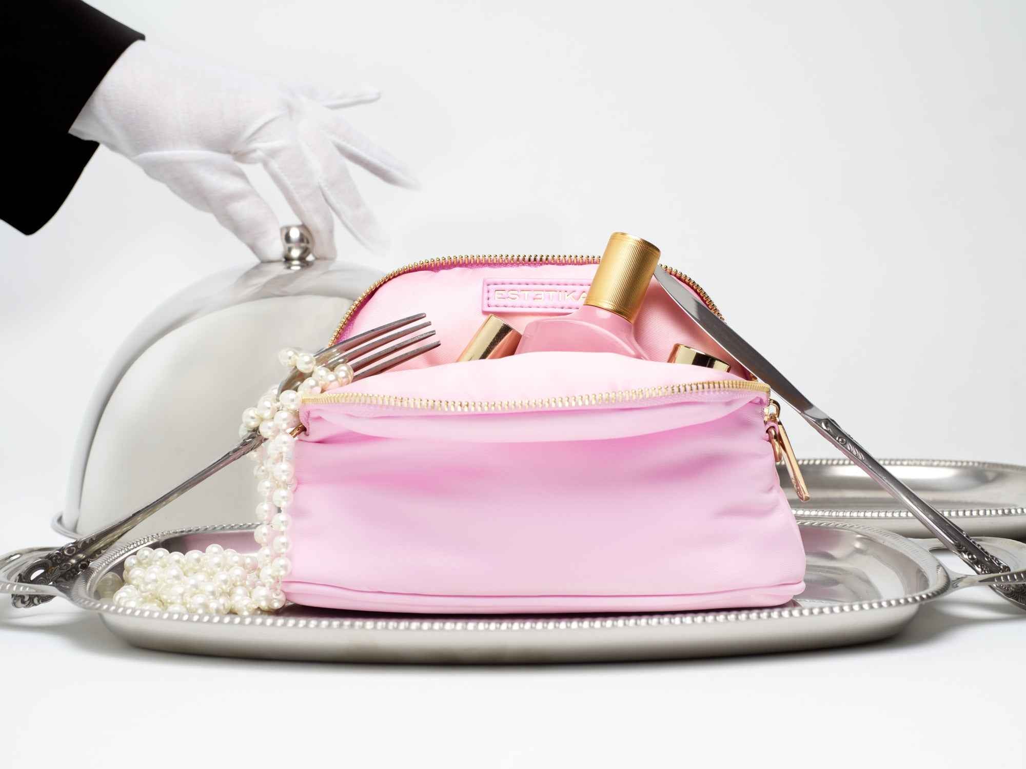 Pink MINEE Small Cosmetic Pouch - Luxury vegan leather flat-lay makeup bag by Estetika. Designed in Australia for premium travel and organization.