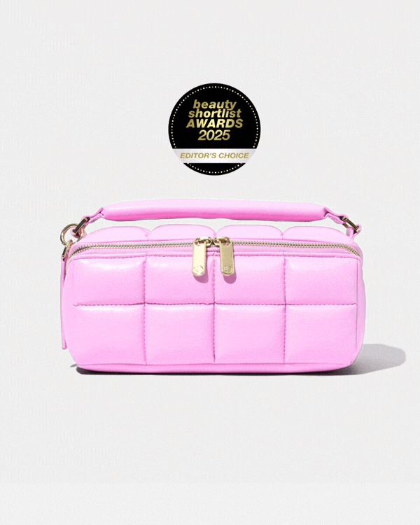 Pink HOMEE Medium Makeup Bag - Designer Cosmetic Case - Luxury vegan leather flat-lay makeup bag by Estetika. Designed in Australia for premium travel