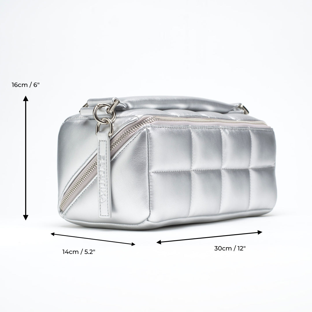 Silver Quilted Makeup Bag. Luxury Vegan Cosmetic Case, The HOMEE