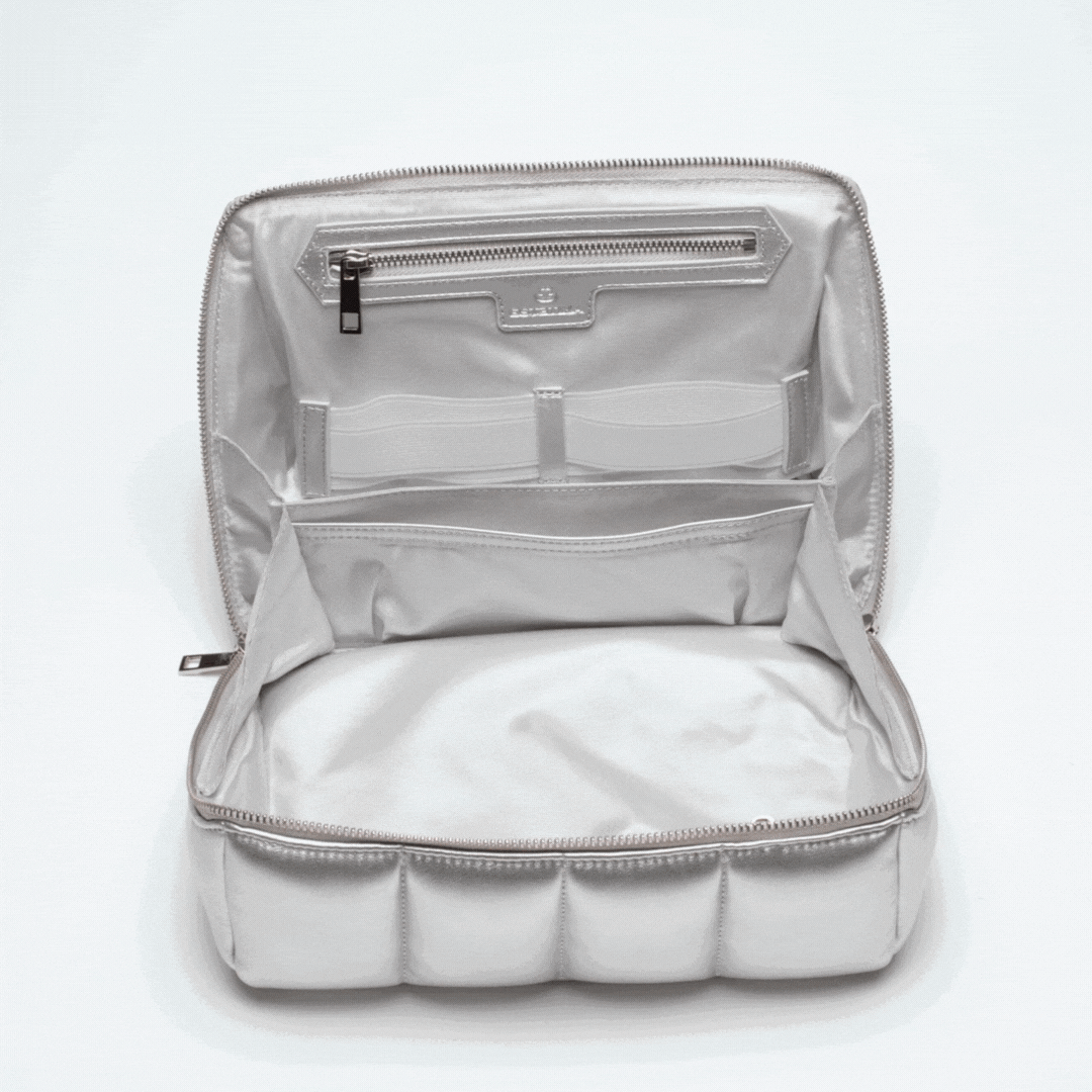 Silver Quilted Large Makeup Bag. Luxury Vegan Beauty Case, The BIGEE