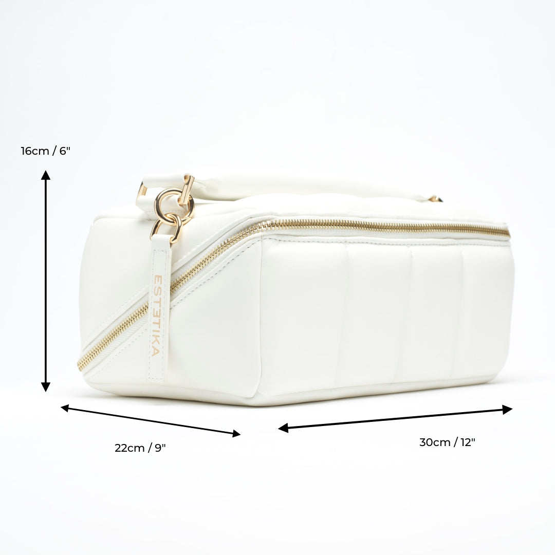 White Quilted Large Makeup Bag. Luxury Vegan Bridal Beauty Case, The BIGEE