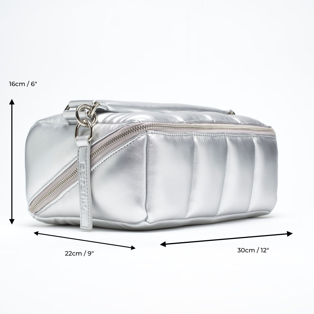 Silver Quilted Large Makeup Bag. Luxury Vegan Beauty Case, The BIGEE