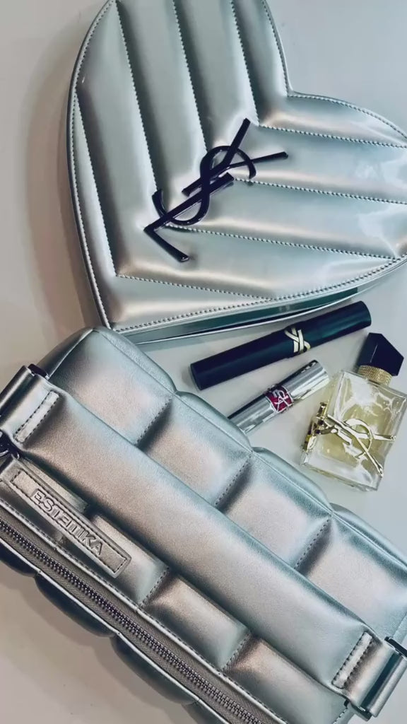 Silver Quilted Makeup Bag. Luxury Vegan Cosmetic Case, The HOMEE