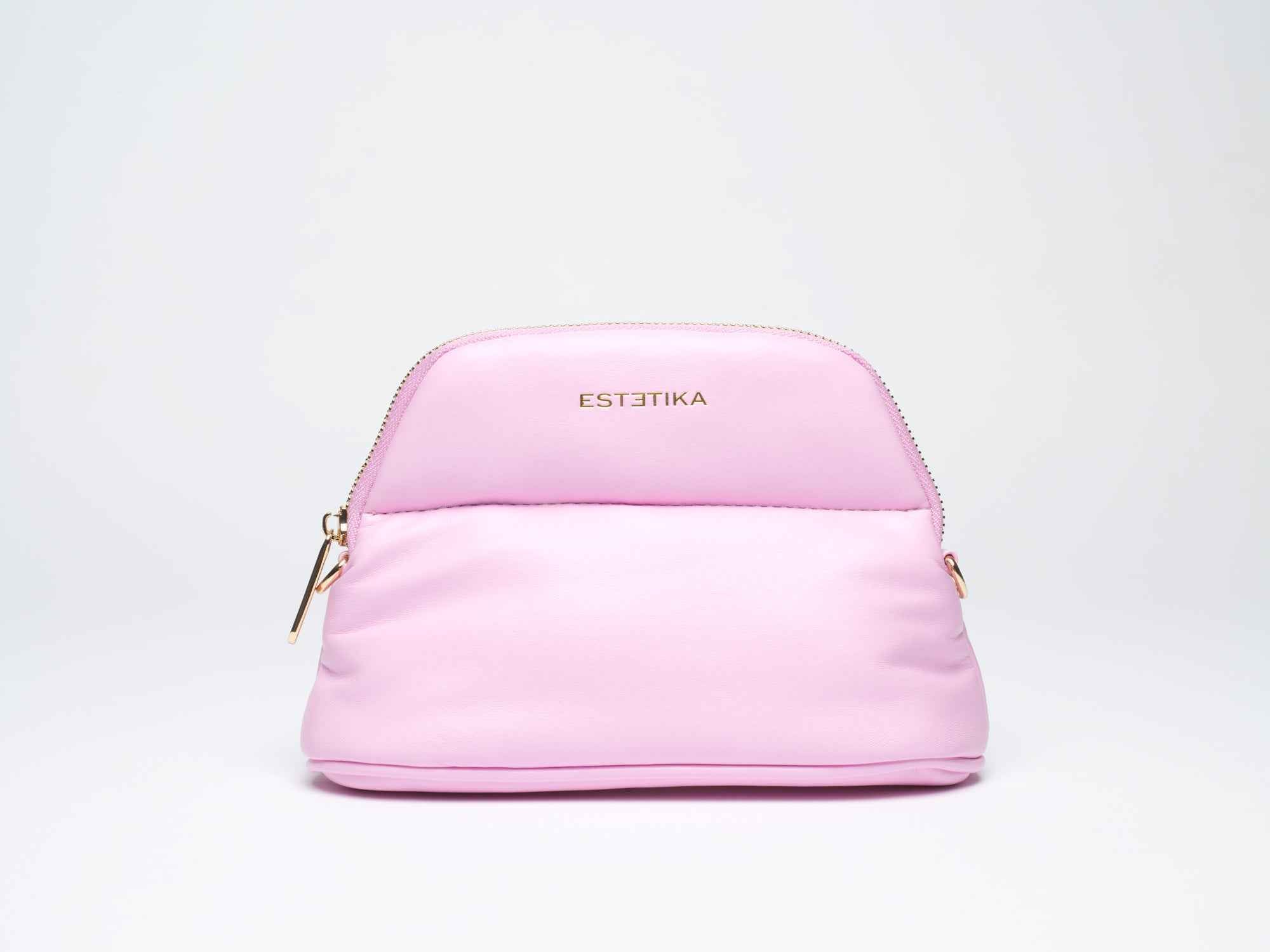 Pink Minee Cosmetic Pouch Small - Luxury vegan leather flat-lay makeup bag by Estetika. Designed in Australia for premium travel and organization.