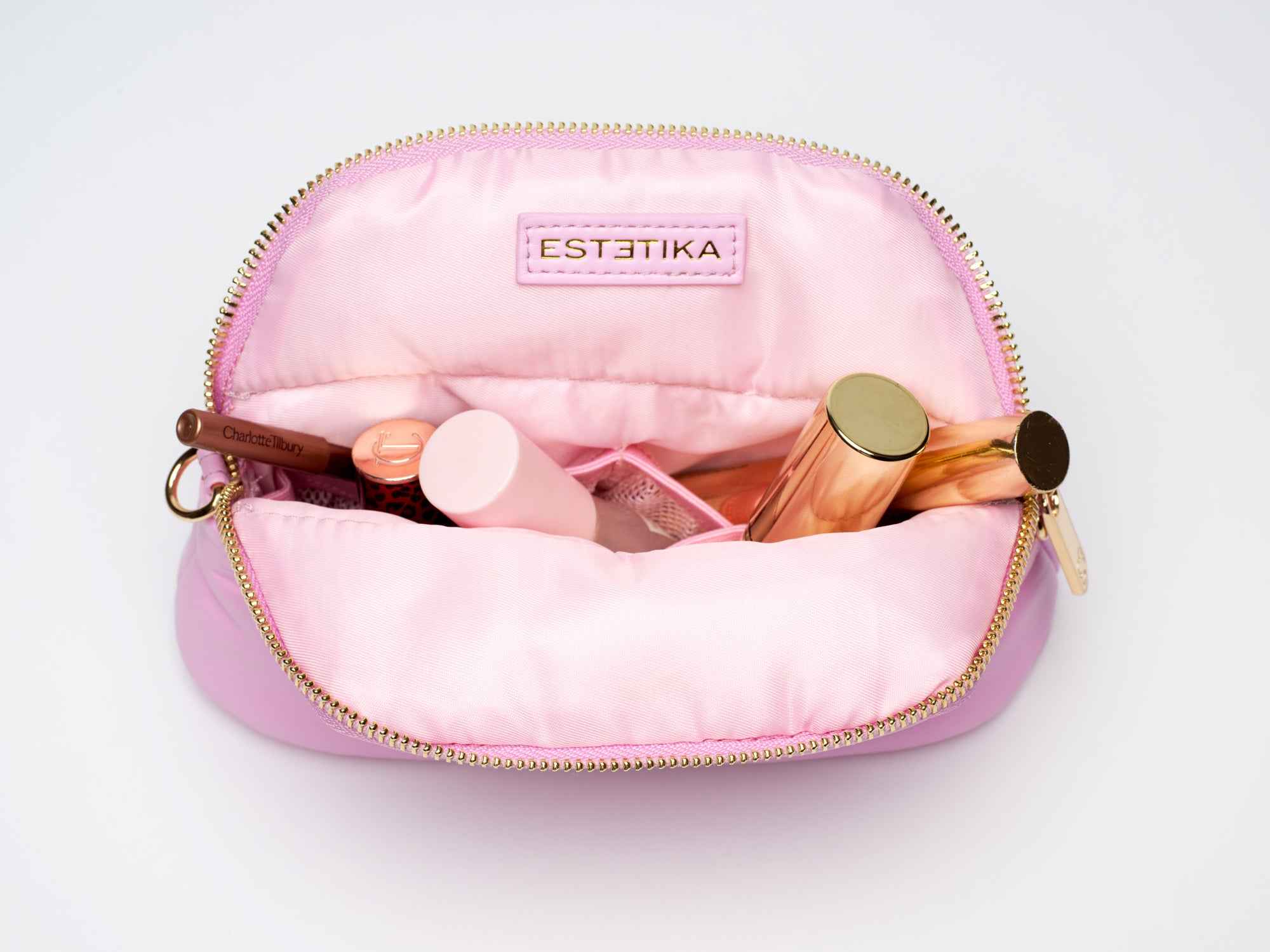 Pink Minee Cosmetic Pouch Small - Luxury vegan leather flat-lay makeup bag by Estetika. Designed in Australia for premium travel and organization.