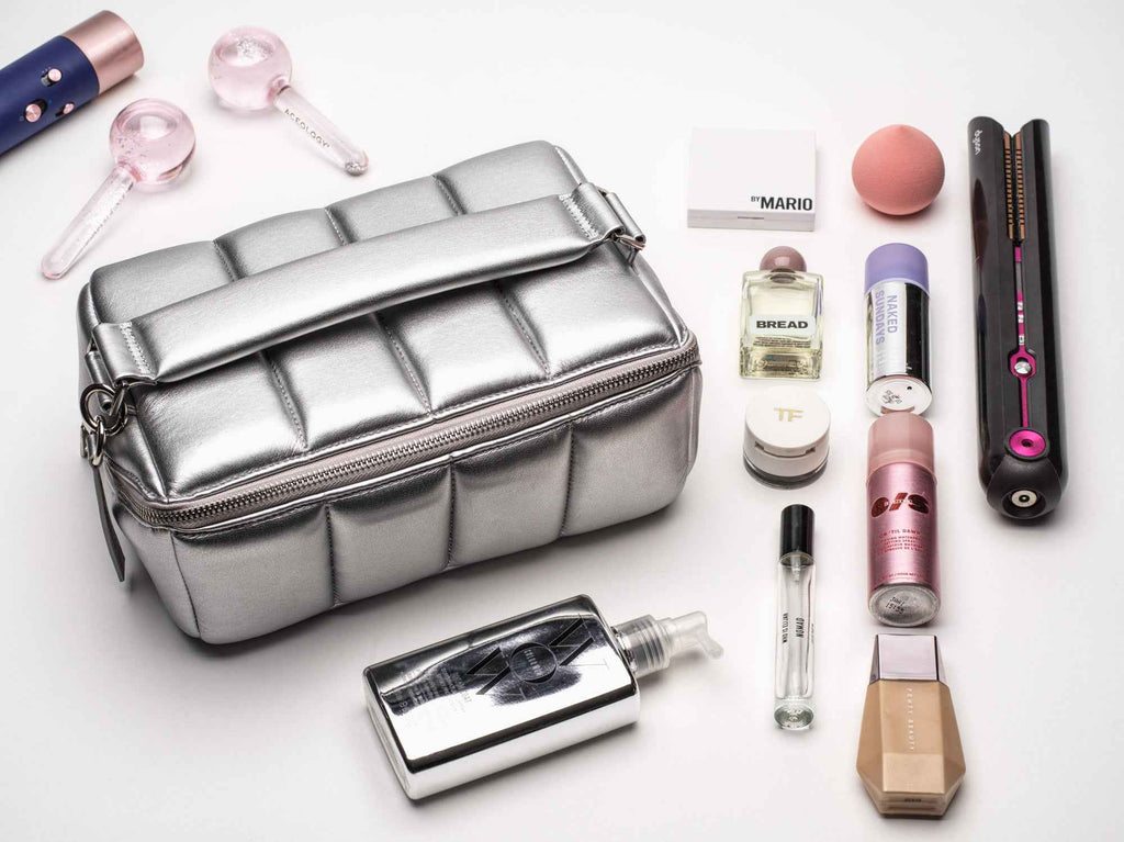 Silver Quilted Large Makeup Bag - Luxury Vegan Beauty Case, The BIGEE for Stylish Organization