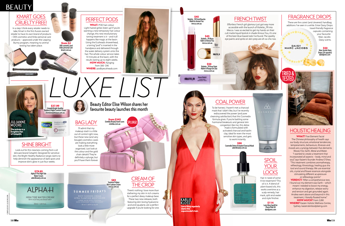Feature article from WHO magazine as the Luxe List by beauty Editor Elise Wilson