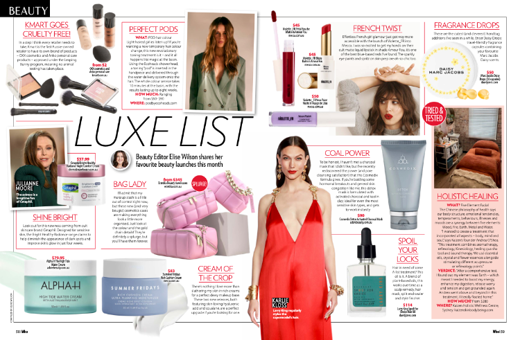 WHO magazine feature on the Luxe List by Beauty editor Elise Wilson