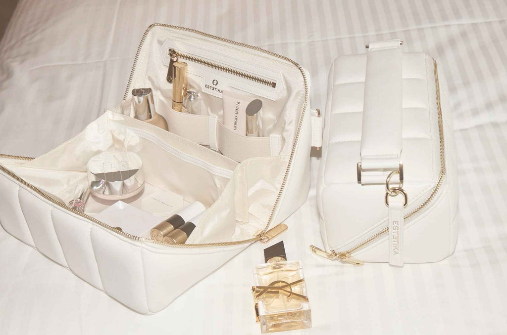 White Quilted Makeup Bag - Luxury Vegan Bridal Beauty Case, The BIGEE