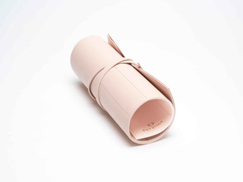 Blush Pink Quilted Makeup Brush Roll Holder by Estetika — open flat showing brush compartments