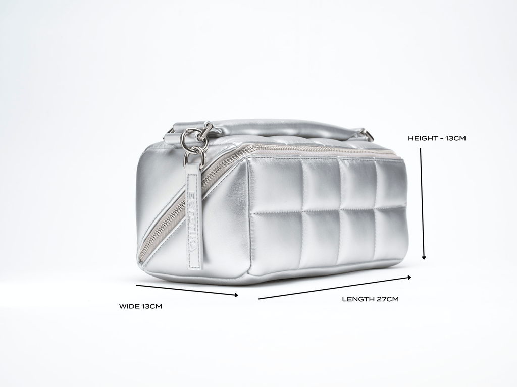 Silver Quilted Makeup Bag - Designer Vegan Leather Cosmetic Case - The HOMEE