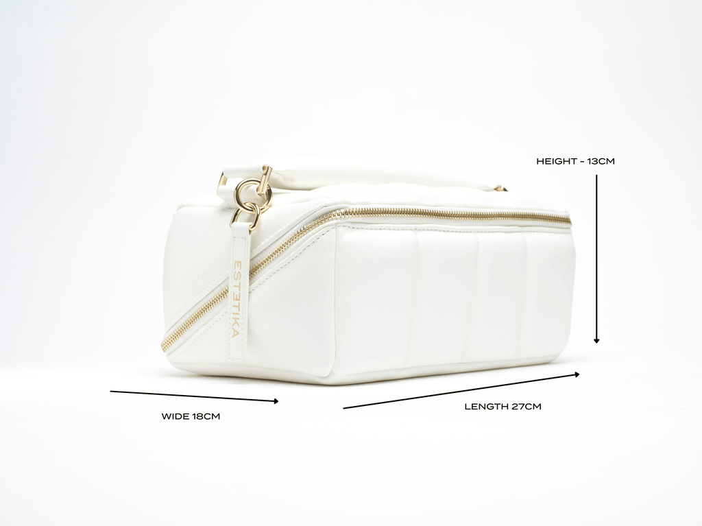 White Quilted Makeup Bag - Designer Vegan Leather Beauty Case, The BIGEE